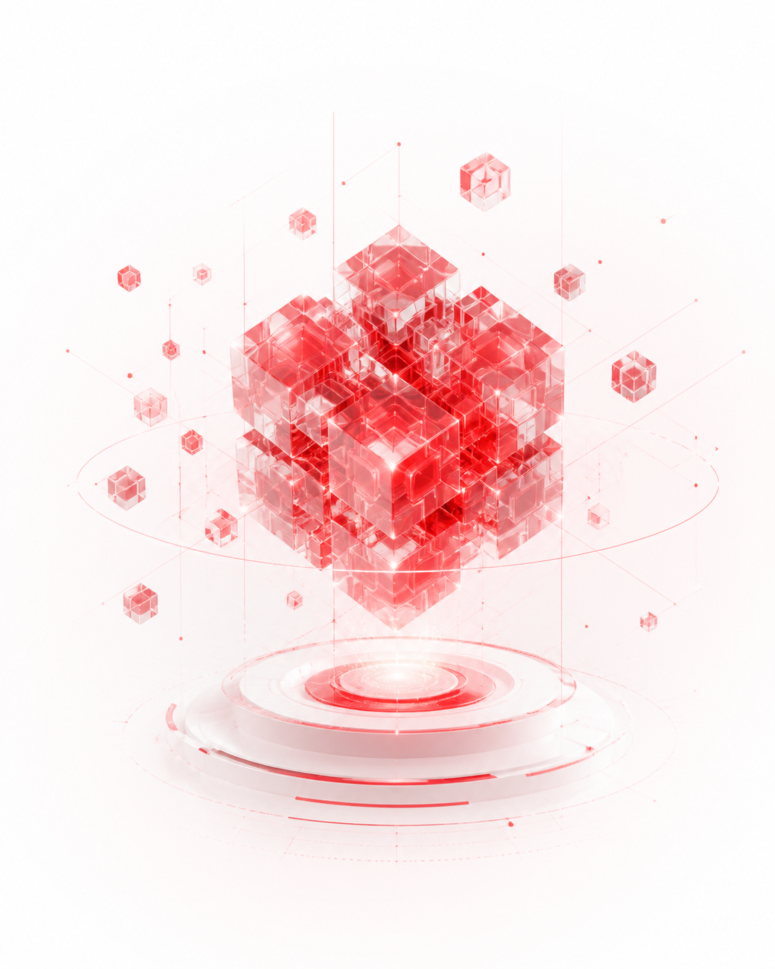 Red illuminated AI cube on a sculptural platform